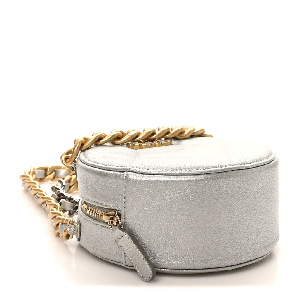 Chanel Metallic Lambskin Quilted Chanel 19 Round Clutch With Chain Silver