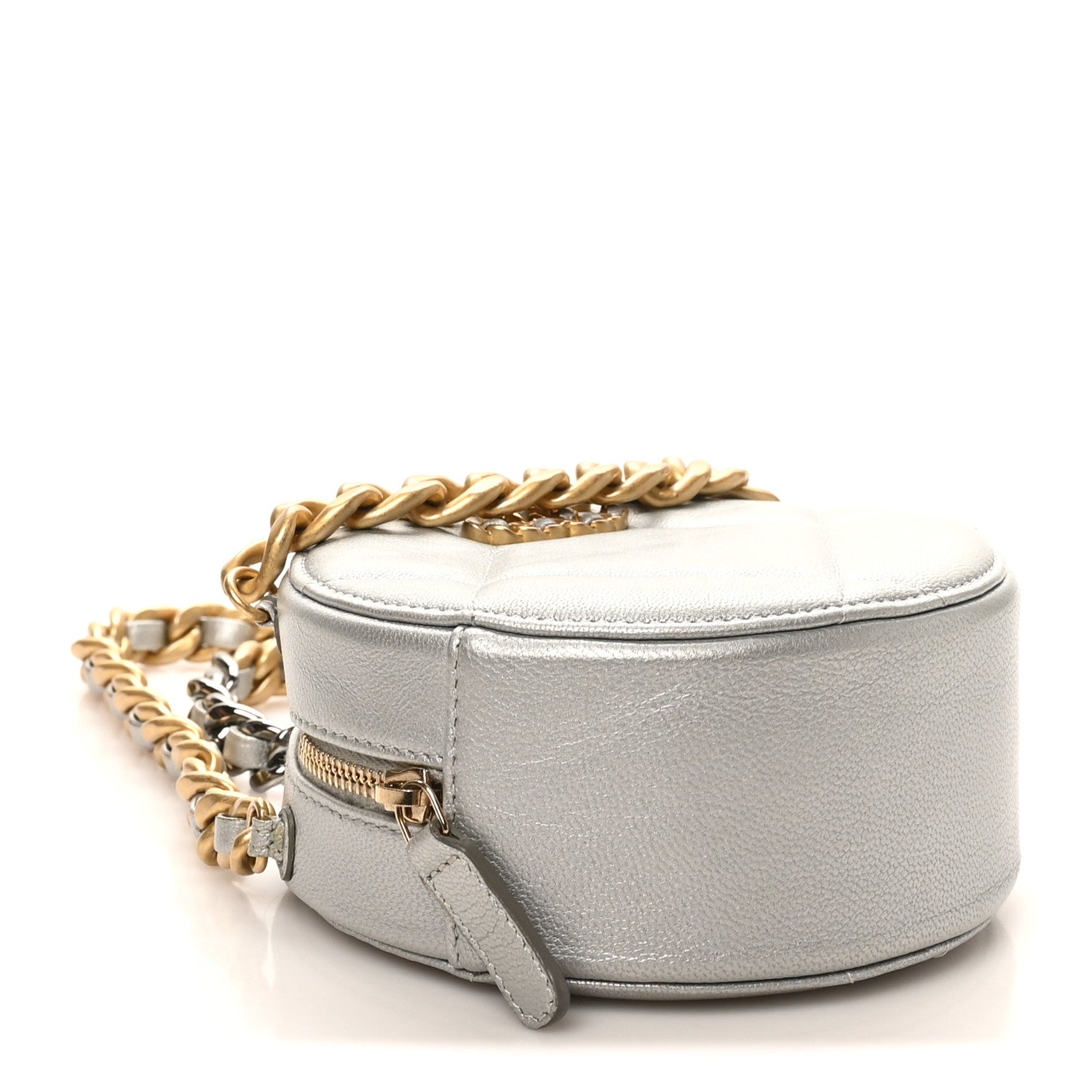Chanel Metallic Lambskin Quilted Chanel 19 Round Clutch With Chain Silver