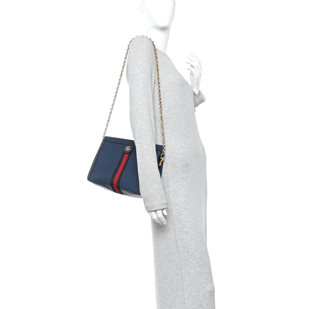 Gucci Textured Calfskin Web Medium Ophidia Chain Shoulder Bag Blue Agata