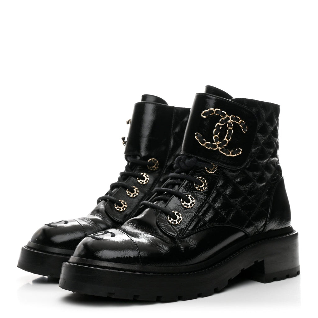 Chanel Shiny Calfskin Quilted Lace Up Combat Boots 36 Black