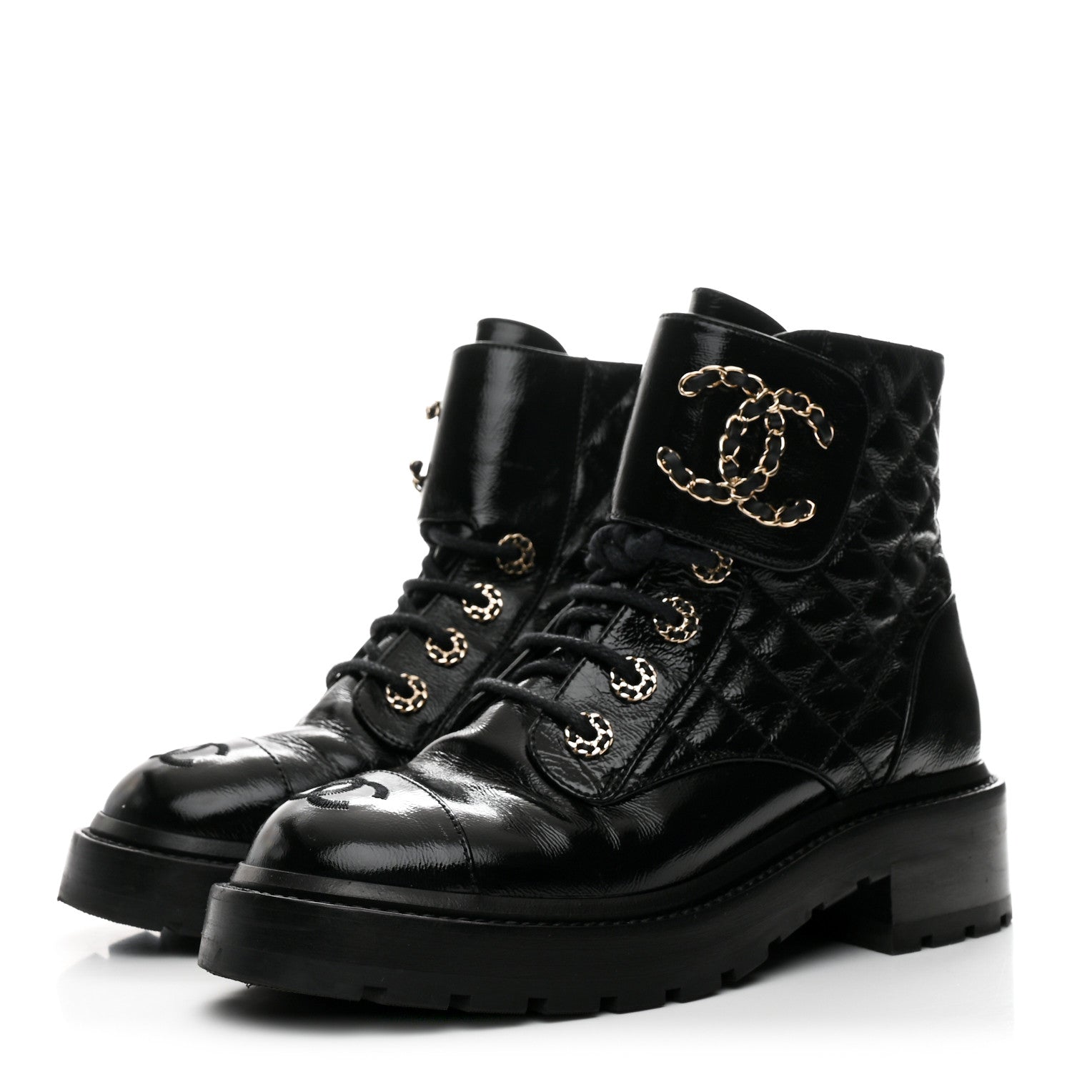 Chanel Shiny Calfskin Quilted Lace Up Combat Boots 36 Black