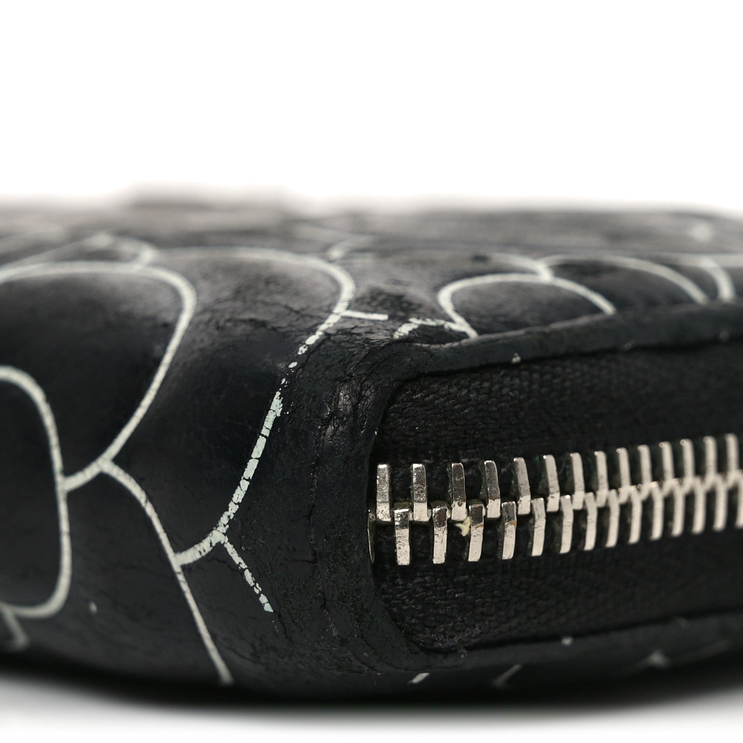 Lambskin Camellia Embossed Large Zip Around Gusset Wallet Black White