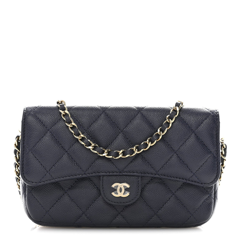 Caviar Quilted Flap Phone Holder With Chain Navy