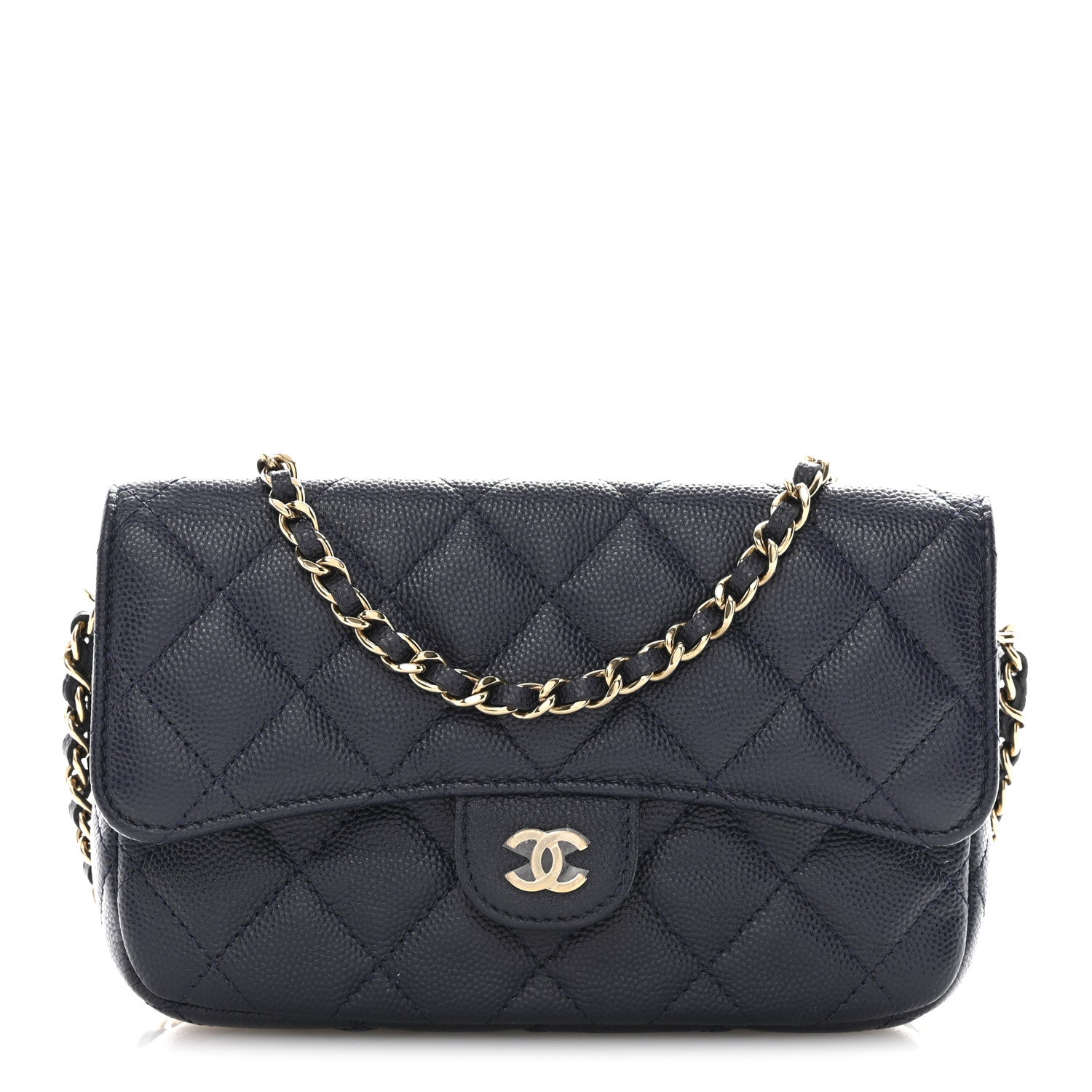 Caviar Quilted Flap Phone Holder With Chain Navy