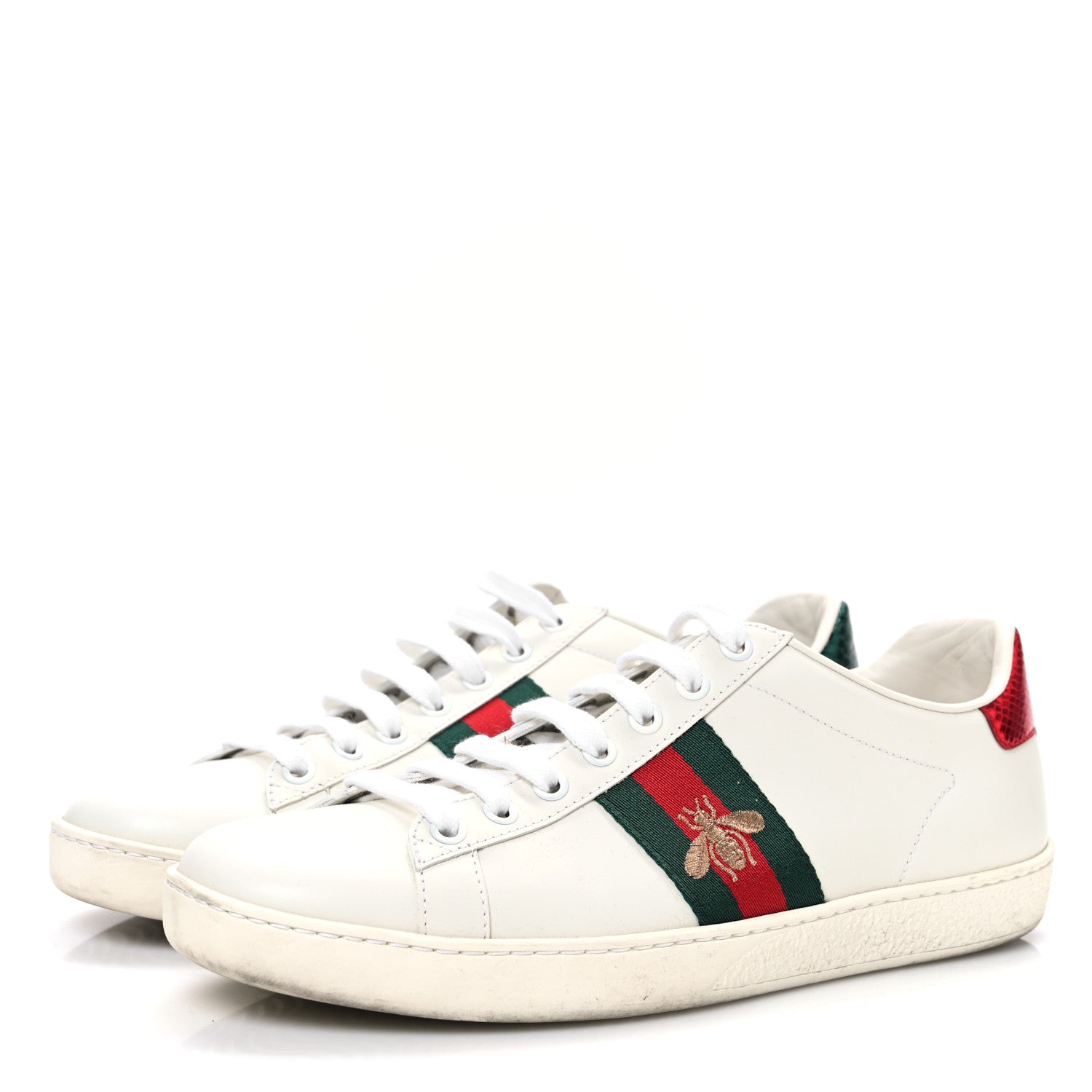 Gucci Calfskin Ayers Bee Embroidered Womens Ace Sneakers 39 White Red Flame Green