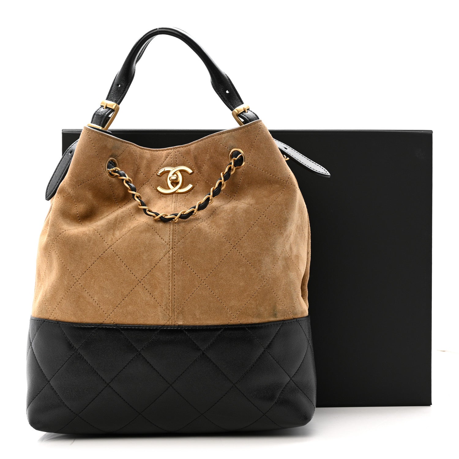 Chanel Suede Calfskin Shiny Lambskin Quilted Coco Base Shopping Bag Beige Black