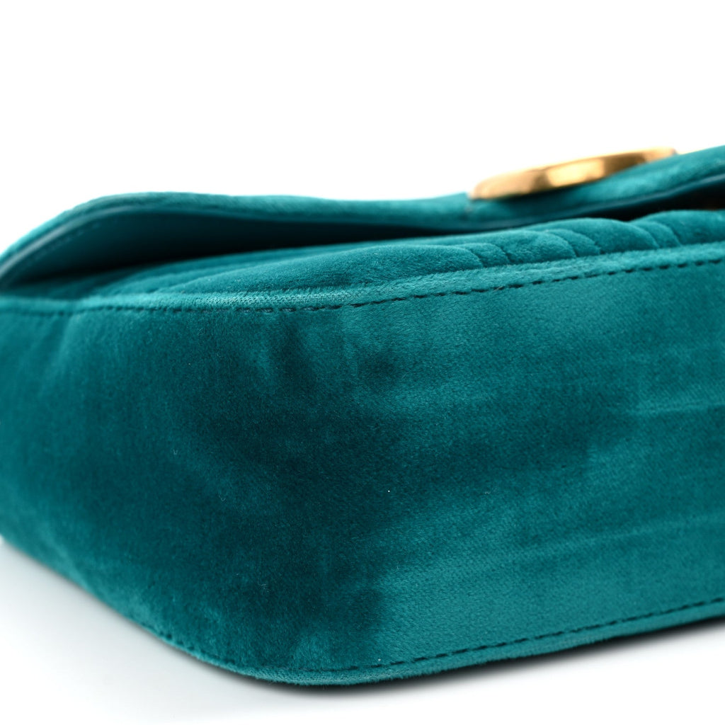Gucci Velvet Matelasse Mini GG Marmont Shoulder Bag Pavone Cyan