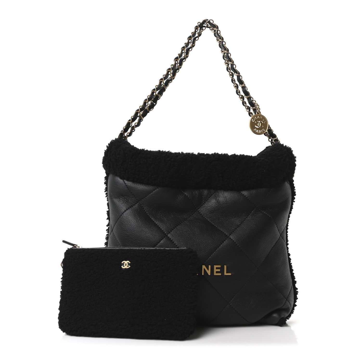 Chanel Aged Lambskin Shearling Quilted Small Chanel 22 Black