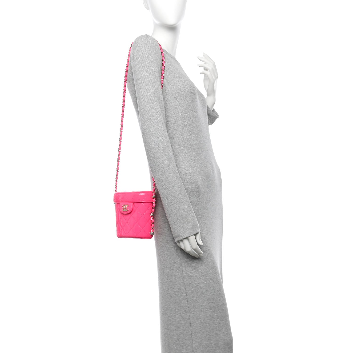 Chanel Patent Quilted CC Vani-Tea Case With Chain Neon Pink