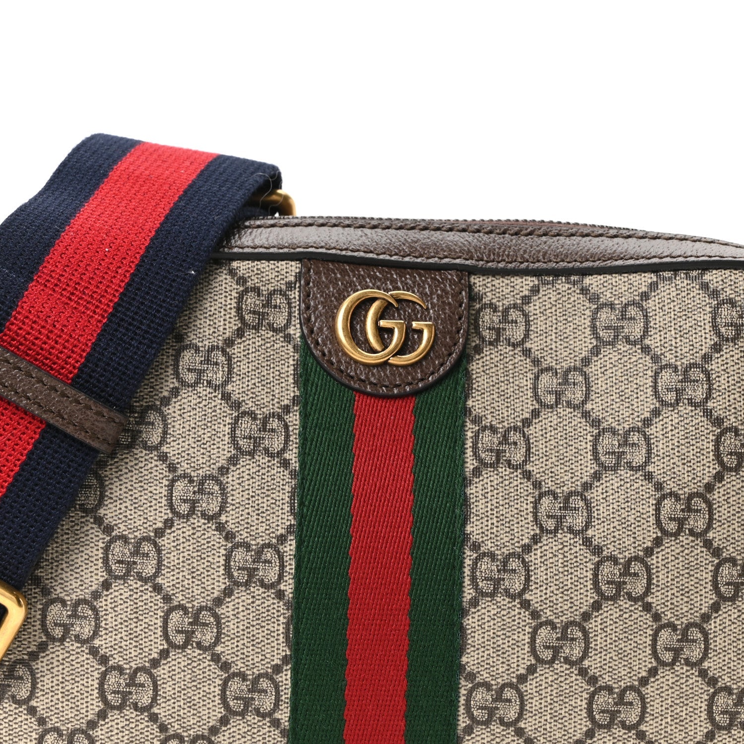 Gucci GG Supreme Monogram Textured Dollar Calfskin Web Ophidia Wristlet Shoulder Bag Beige Ebony New Acero