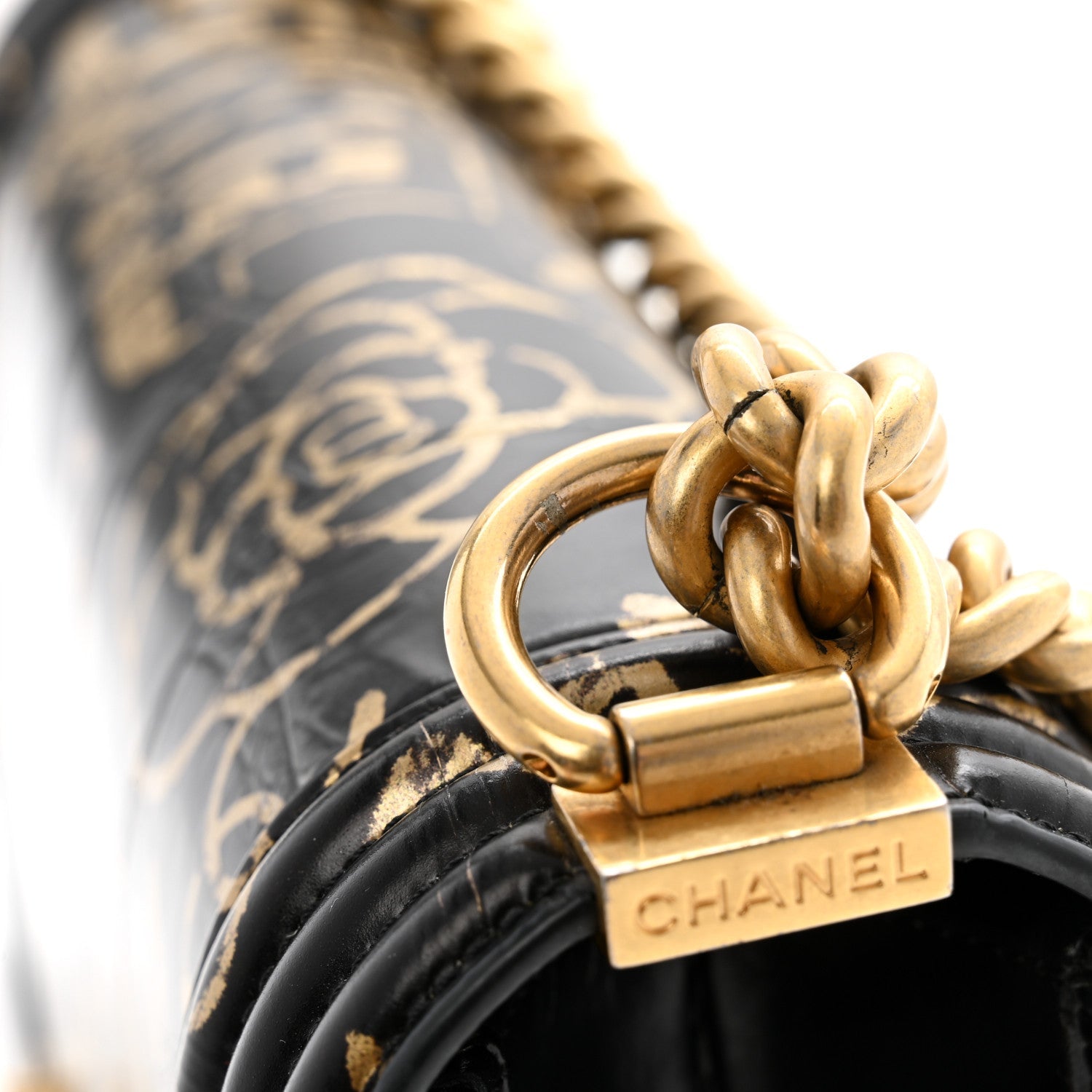 Chanel Calfskin Crocodile Embossed Graffiti Cocodile Medium Boy Flap Black