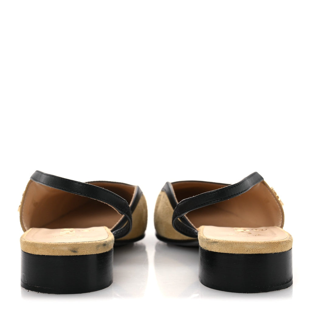 Chanel Suede Patent Crystal CC Cap Toe Slingback Flats 37 Beige Black