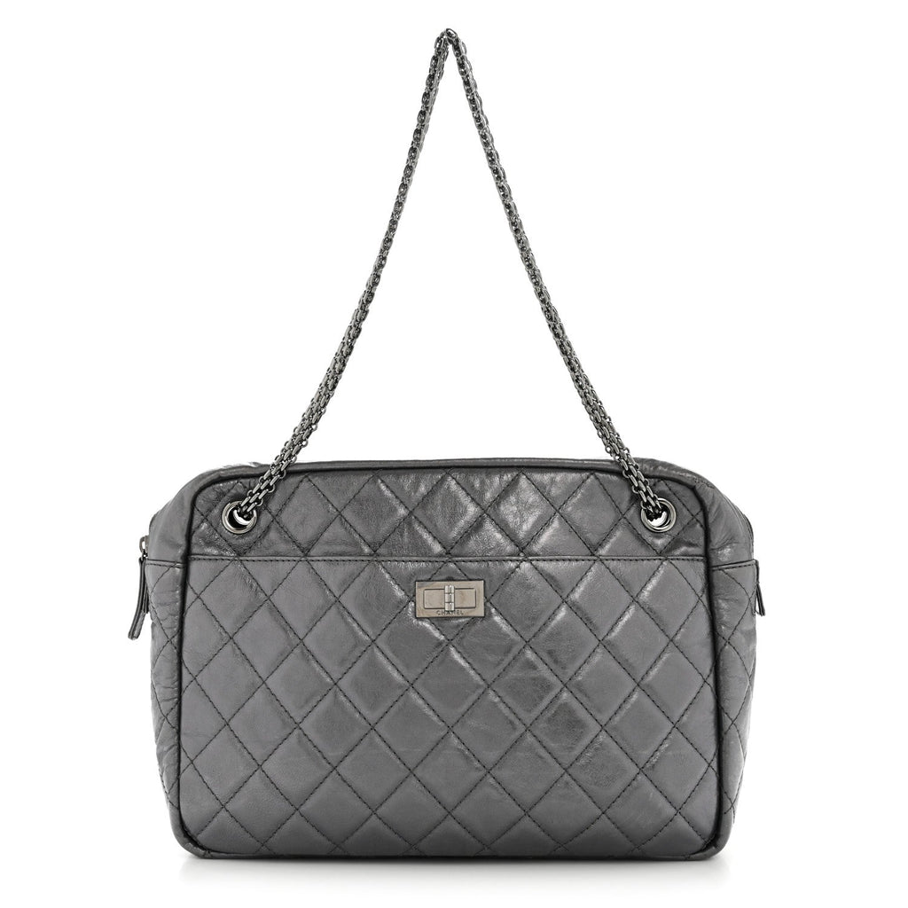 Chanel Metallic Aged Calfskin Quilted Large Reissue Camera Case Silver