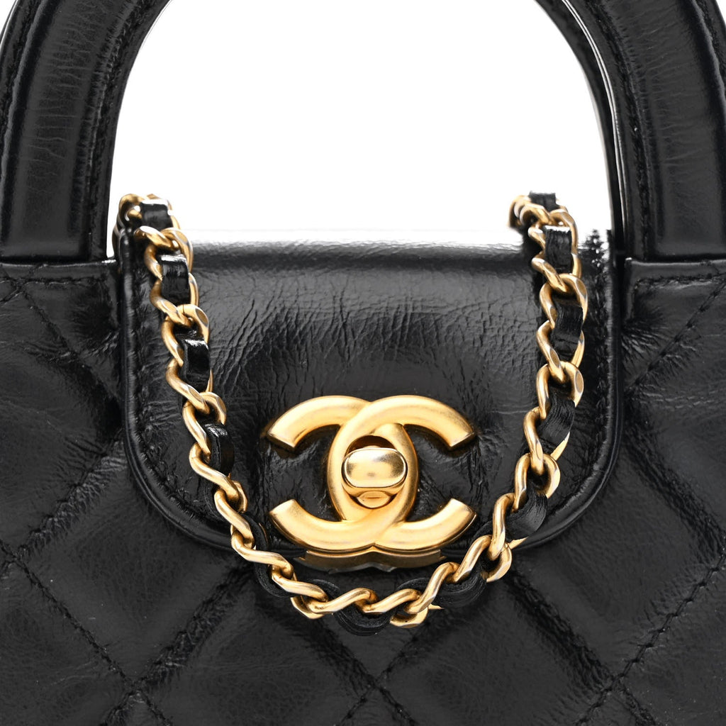 Chanel Shiny Aged Calfskin Quilted Mini Nano Kelly Shopper Black