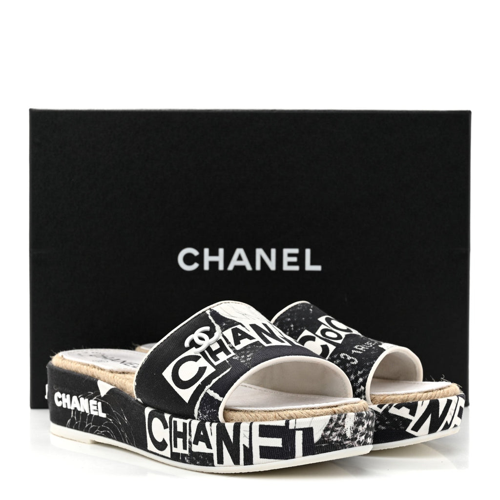 Fabric Grosgrain Printed CC Espadrille Slip On Sandals 36 Black White