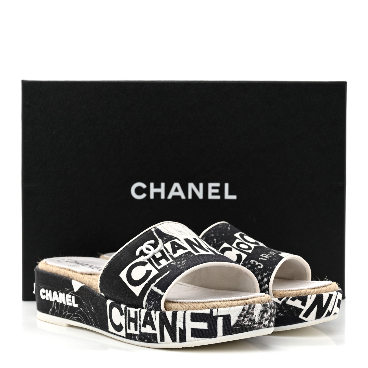 Fabric Grosgrain Printed CC Espadrille Slip On Sandals 36 Black White