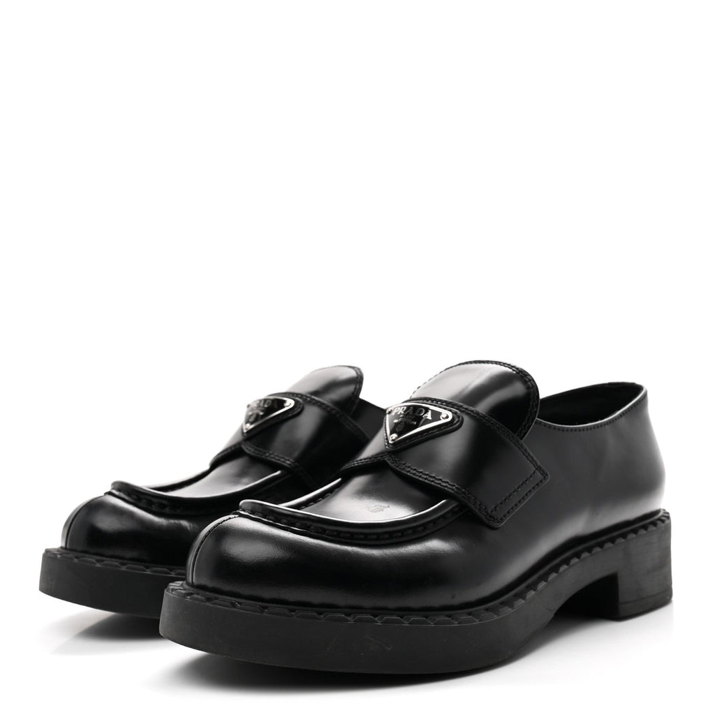 Prada Spazzolato Metal Triangle Logo 50mm Loafers 36.5 Black