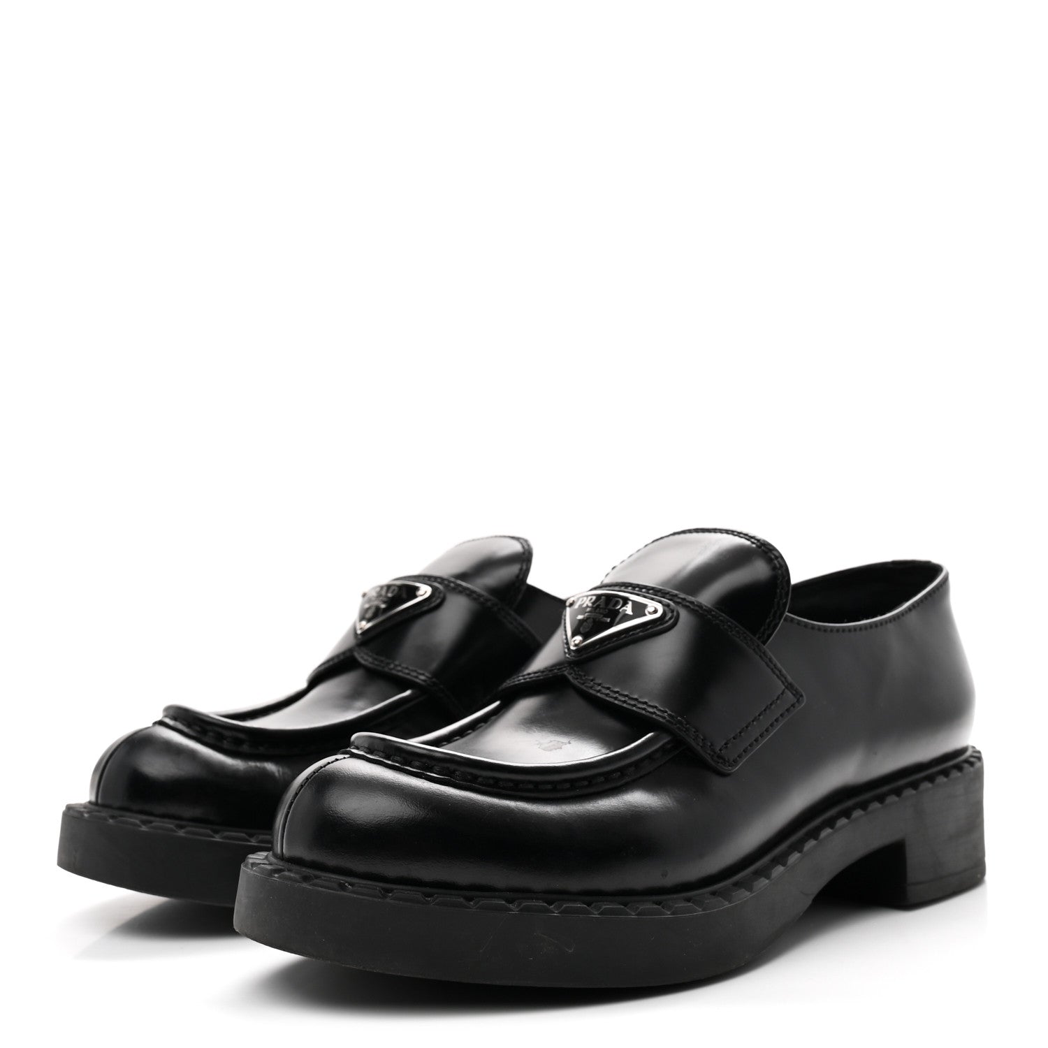 Prada Spazzolato Metal Triangle Logo 50mm Loafers 36.5 Black