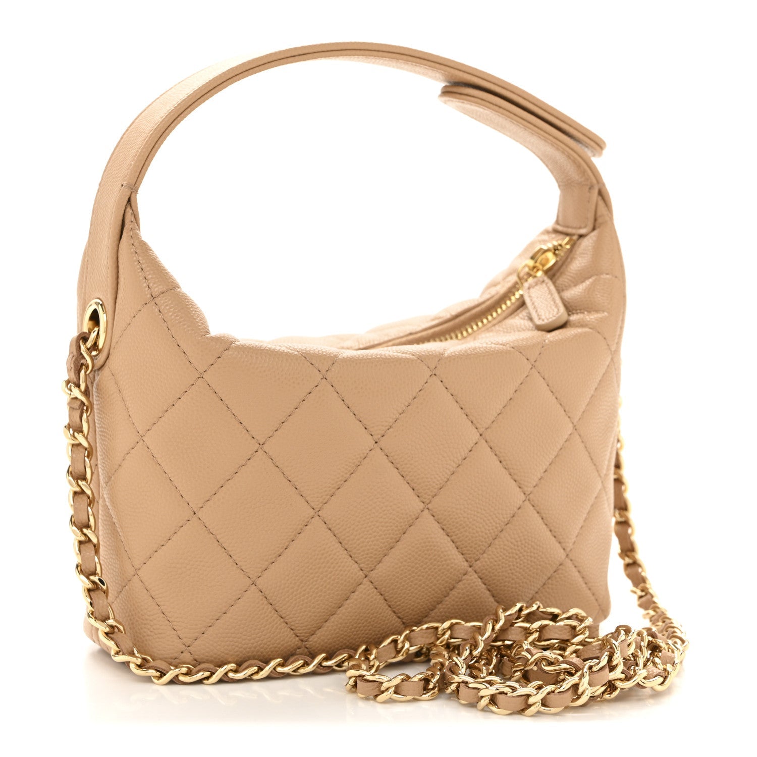 Chanel Shiny Caviar My Cush Hobo Clutch With Chain Beige