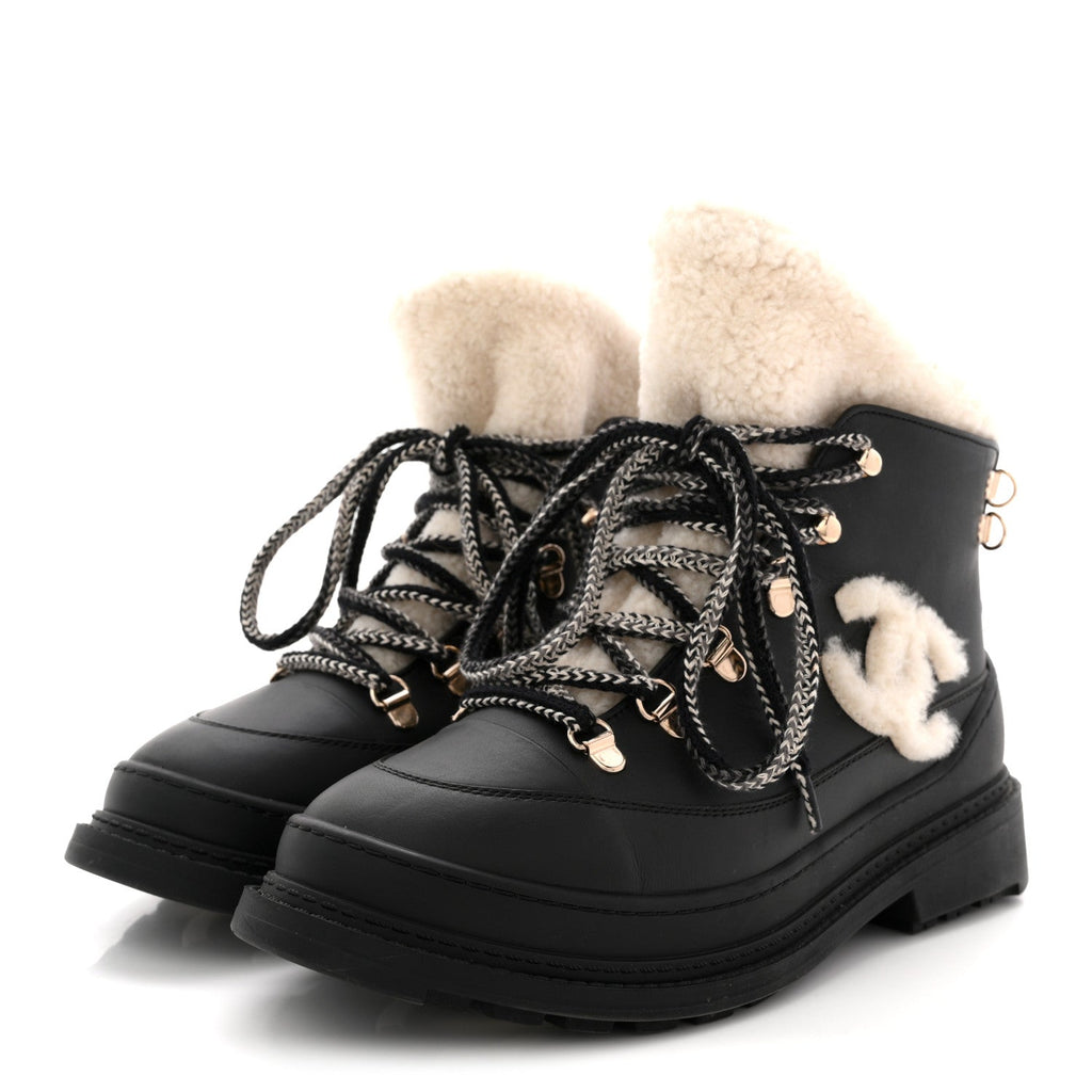 Calfskin Shearling CC Lace Up Boots 38.5 Black