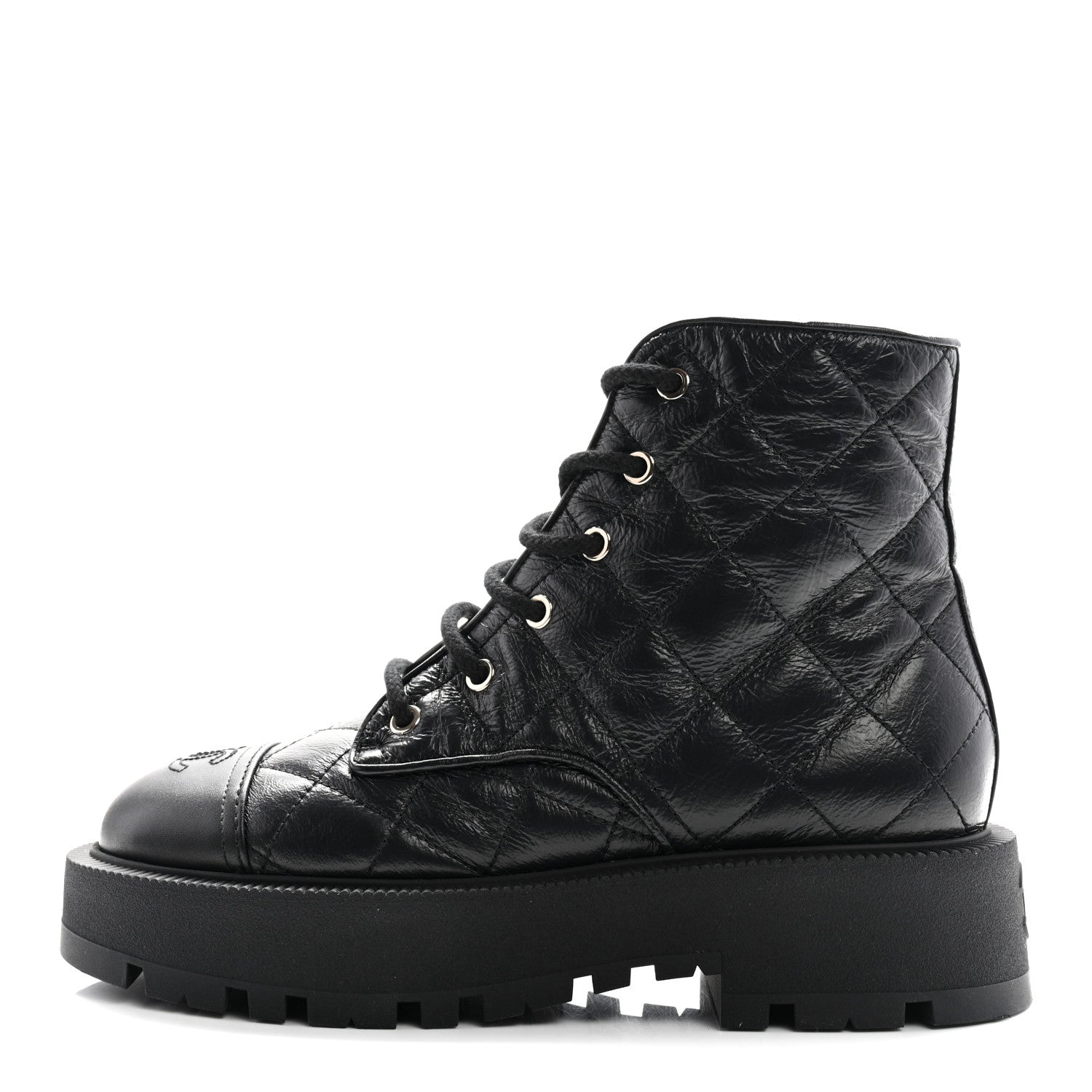 Crumpled Lambskin Quilted Platform Lace Up Combat Boots 39 Black