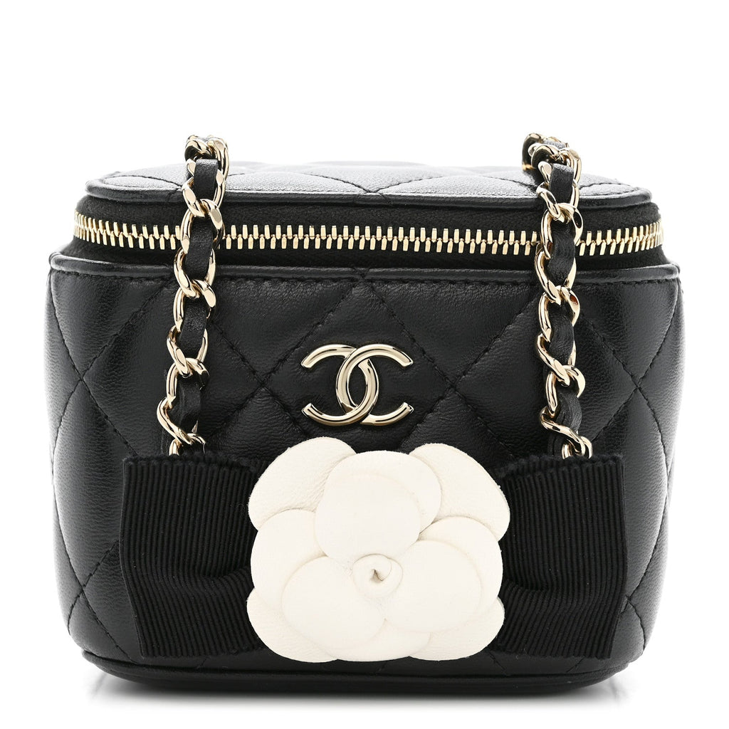 Chanel Lambskin Quilted Mini Camellia Bow Vanity Case With Chain Black