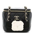 Chanel Lambskin Quilted Mini Camellia Bow Vanity Case With Chain Black