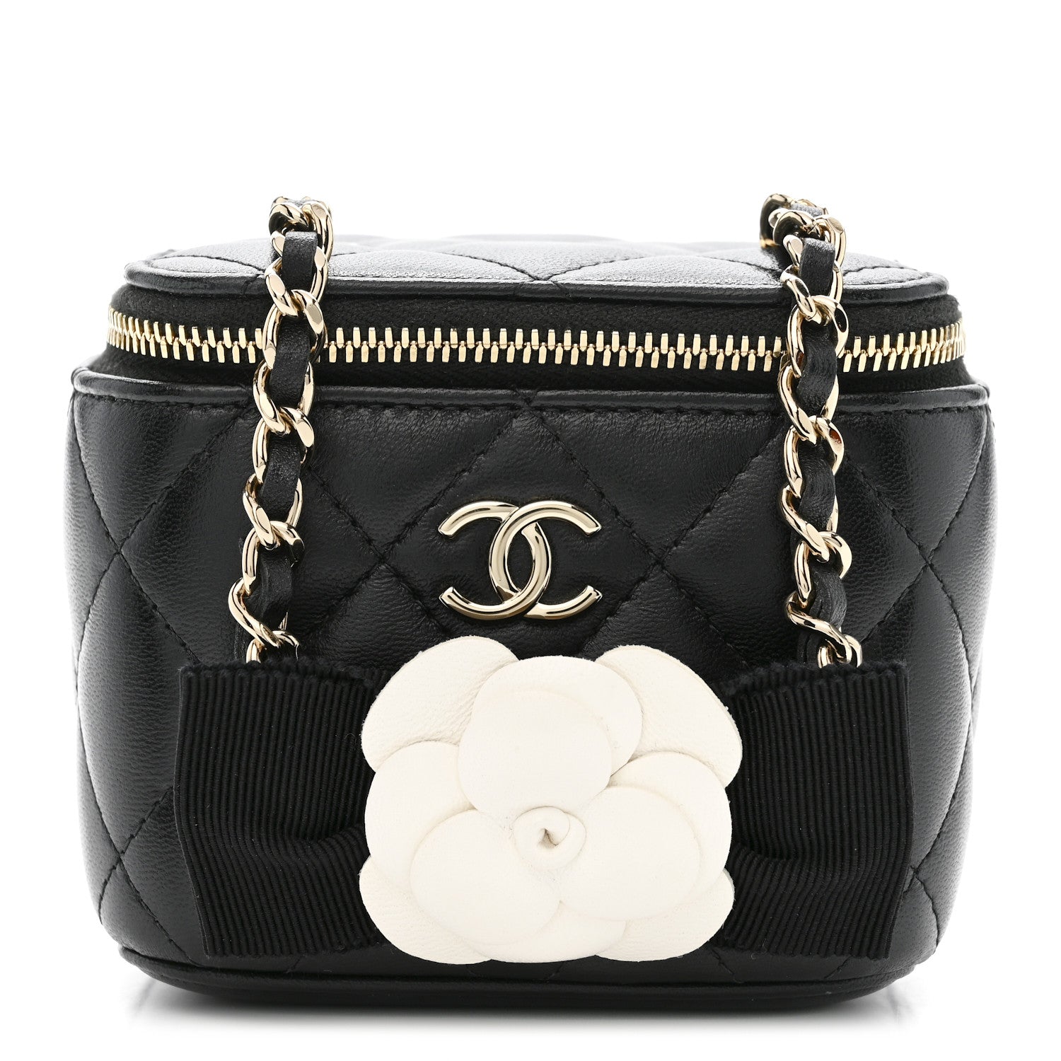 Chanel Lambskin Quilted Mini Camellia Bow Vanity Case With Chain Black