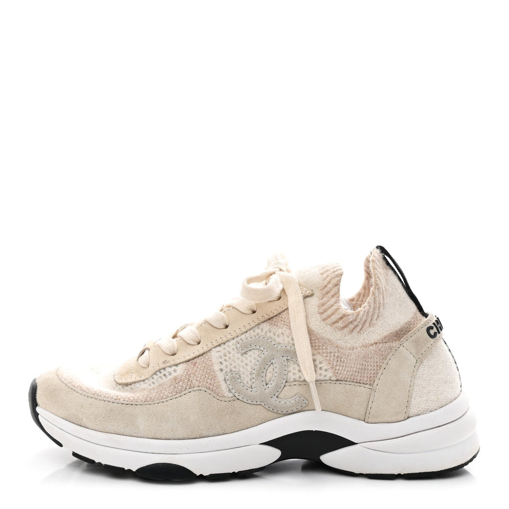 Knit Fabric Suede Calfskin Womens CC Sneakers 38.5 Ivory