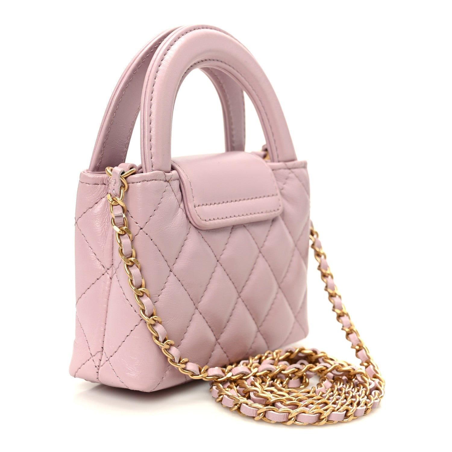 Chanel Shiny Aged Calfskin Quilted Mini Nano Kelly Shopper Light Pink