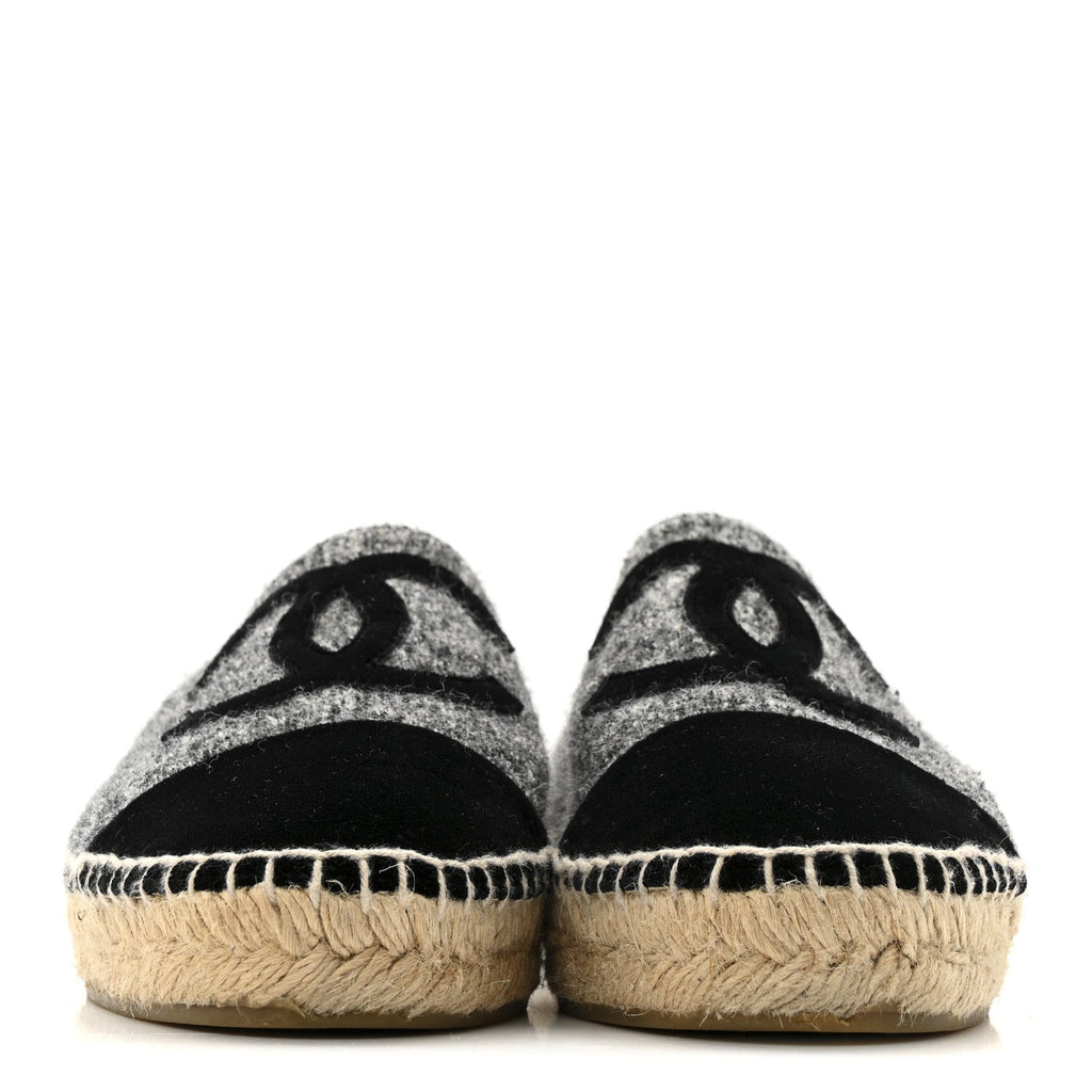 Chanel Tweed Velvet CC Espadrilles 38 Grey Black