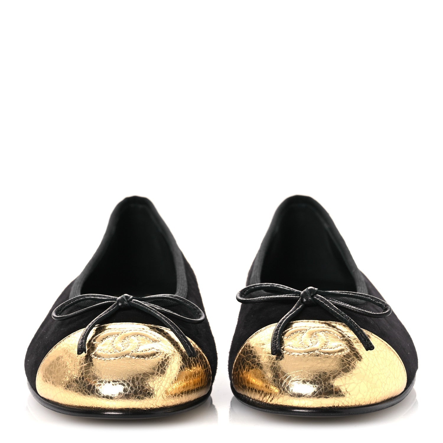 Chanel Suede Crackled Laminated Calfskin Cap Toe Ballerina Flats 36.5 Black Gold