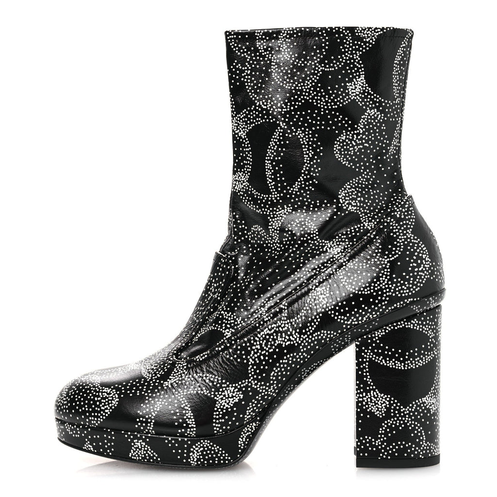 Calfskin Camellia Printed Ankle Boots 38.5 Black White