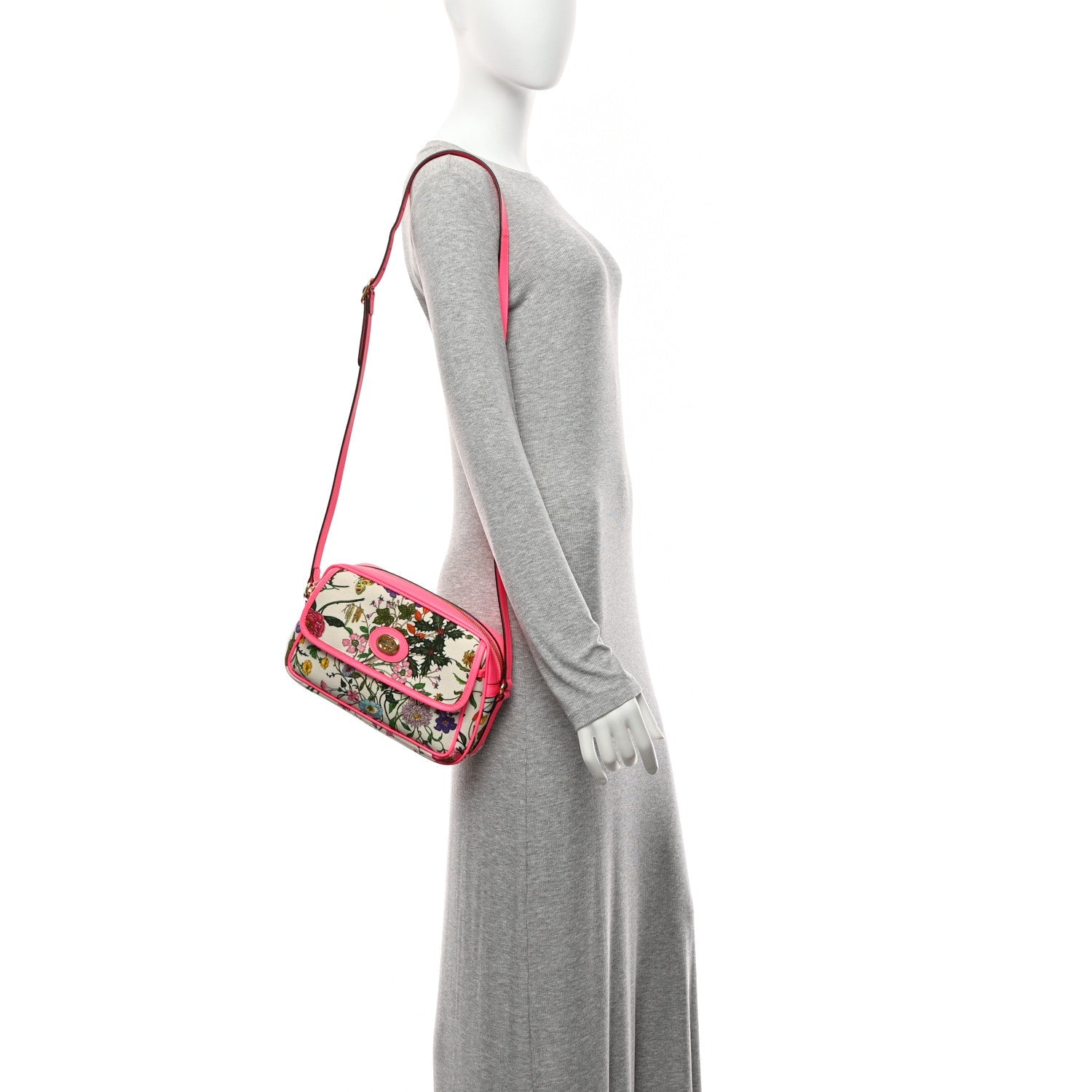 Gucci Canvas Flora Floral Shoulder Bag White Fuchsia Fluo