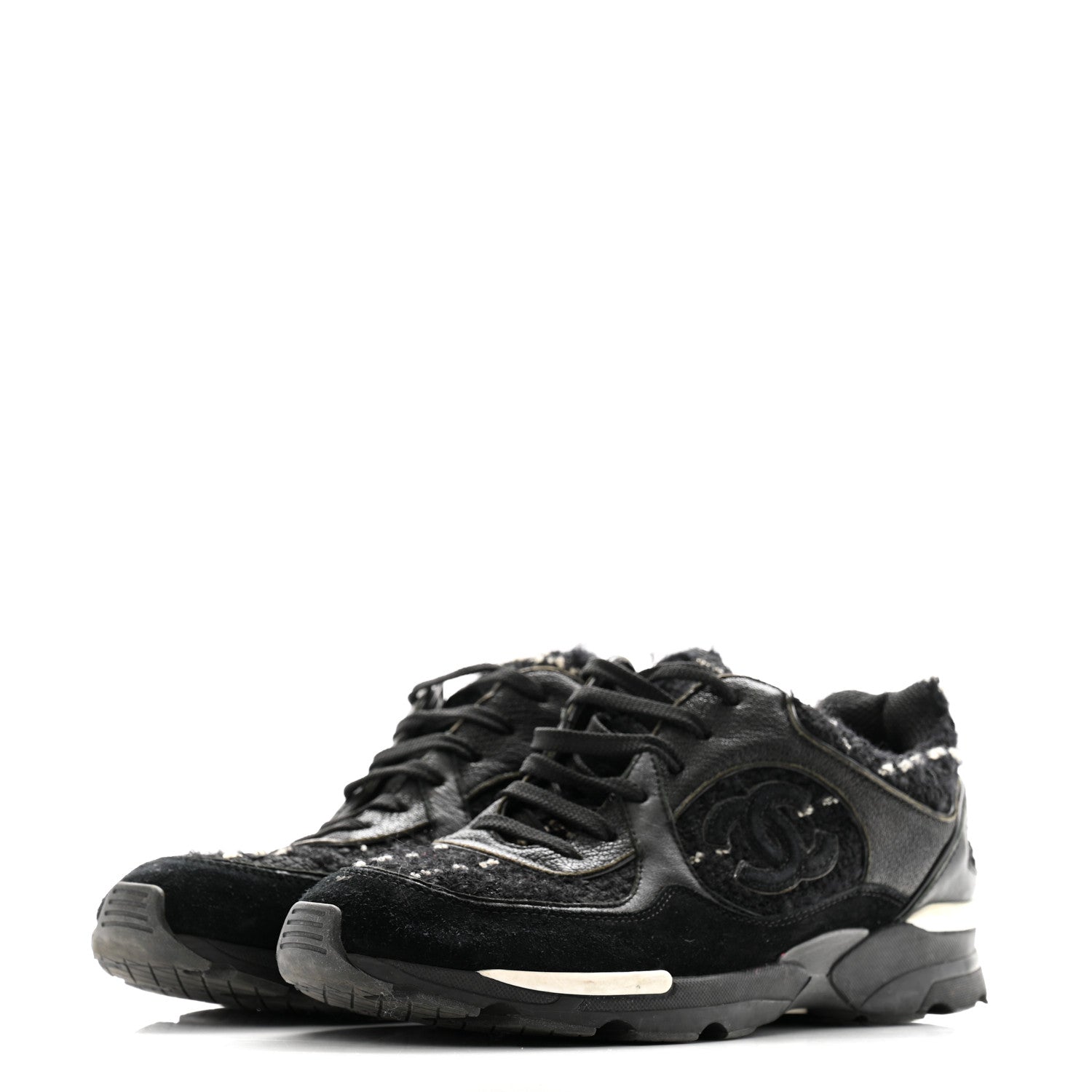 Chanel Tweed Suede Goatskin CC Sneakers 38 Black White