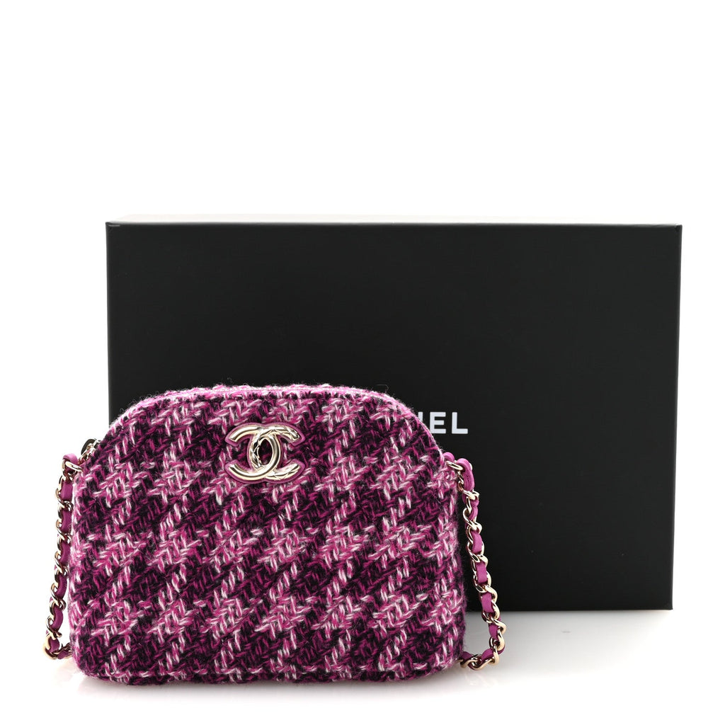 Chanel Tweed Quilted Mini Clutch With Chain Purple