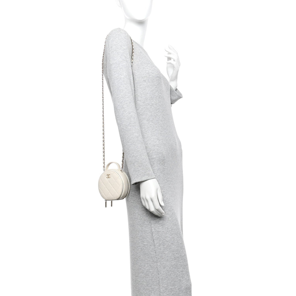Chanel Caviar Quilted Round Handle With Care Vanity With Chain White