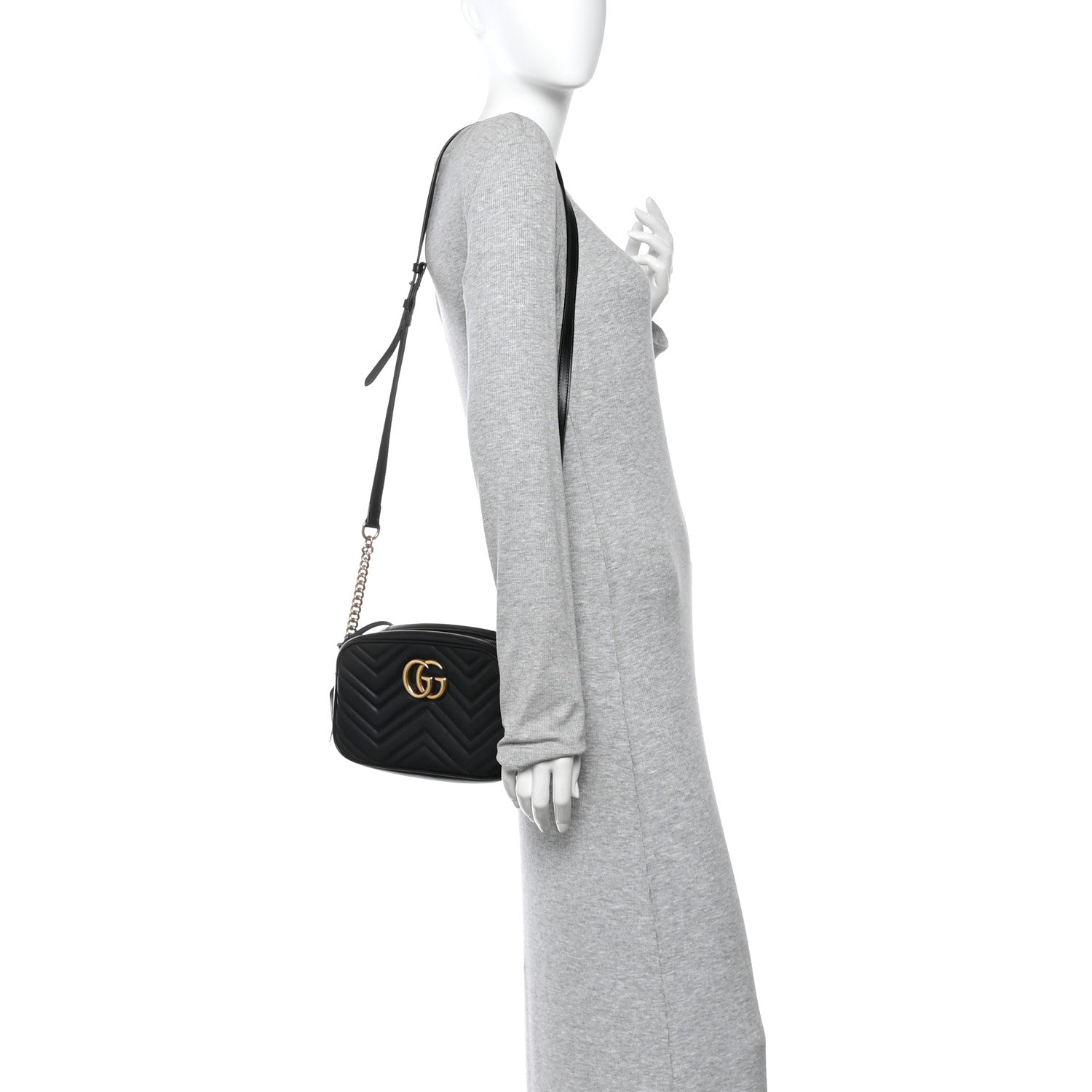 Gucci Calfskin Matelasse Small GG Marmont Chain Shoulder Bag Black