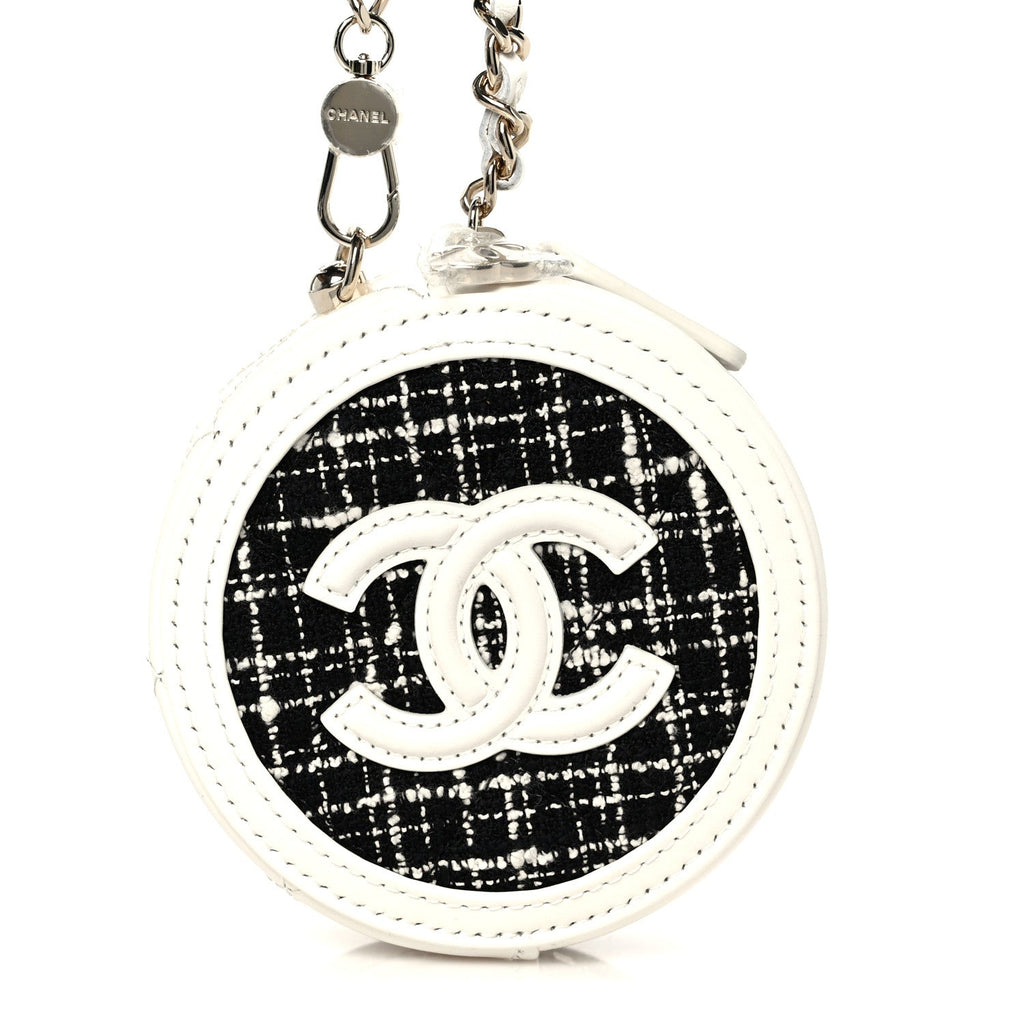 Chanel Tweed Quilted Round Filigree Pouch With Chain White Black