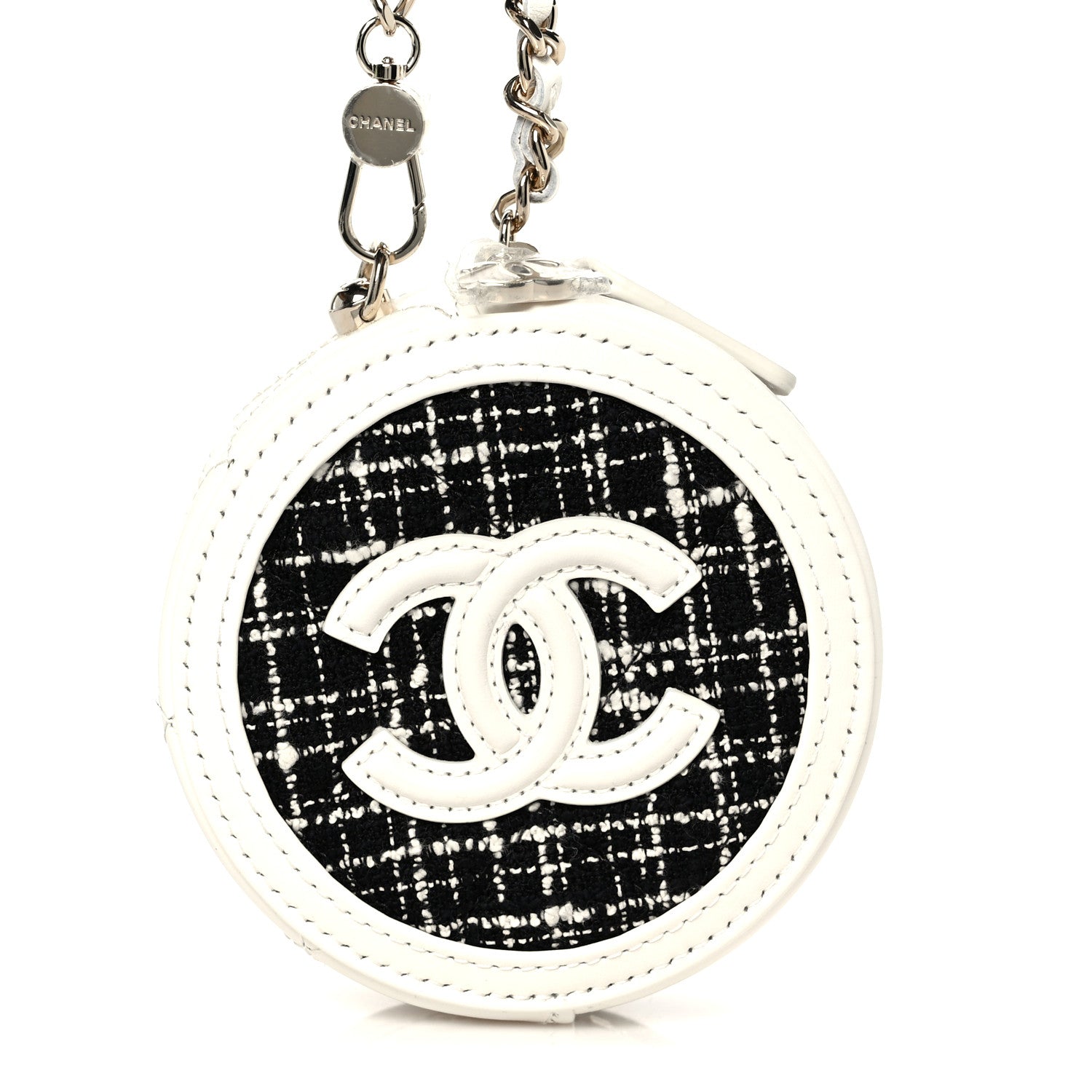Chanel Tweed Quilted Round Filigree Pouch With Chain White Black