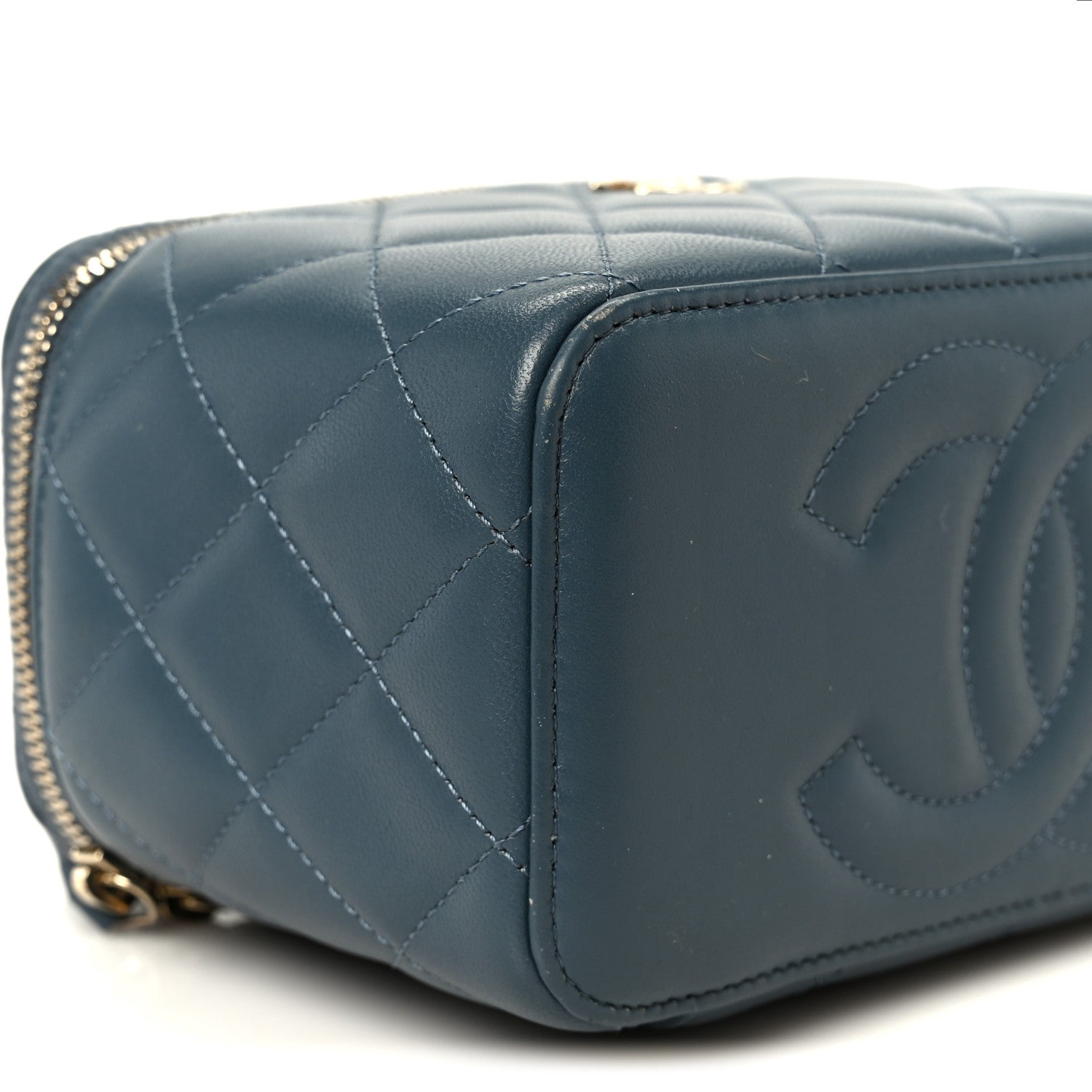 Chanel Lambskin Quilted Small Top Handle Vanity Case With Chain Blue
