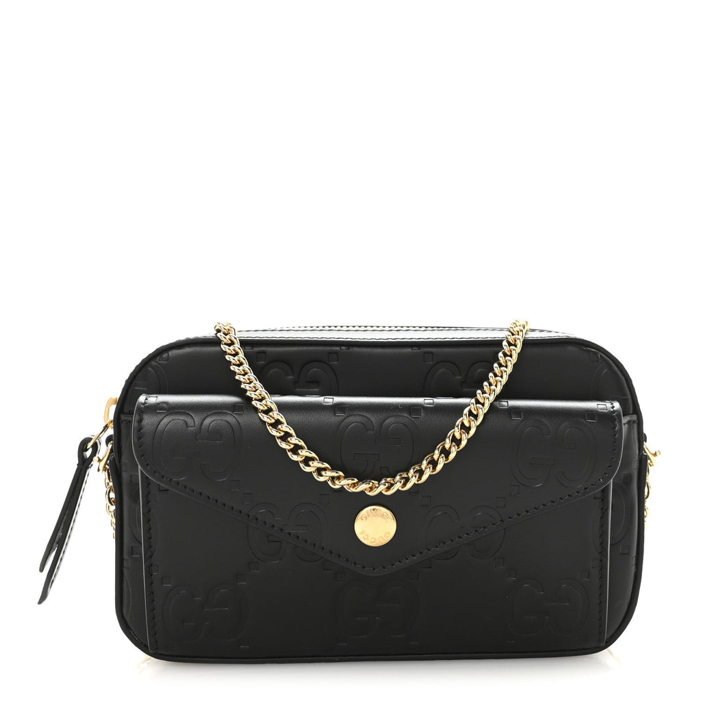 Gucci Calfskin GG Super Mini Debossed Chain Wallet Black
