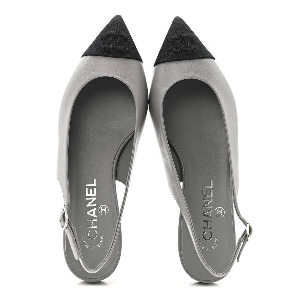 Goatskin Grosgrain Pointed Toe CC Slingback Flats 36.5 Gray Black