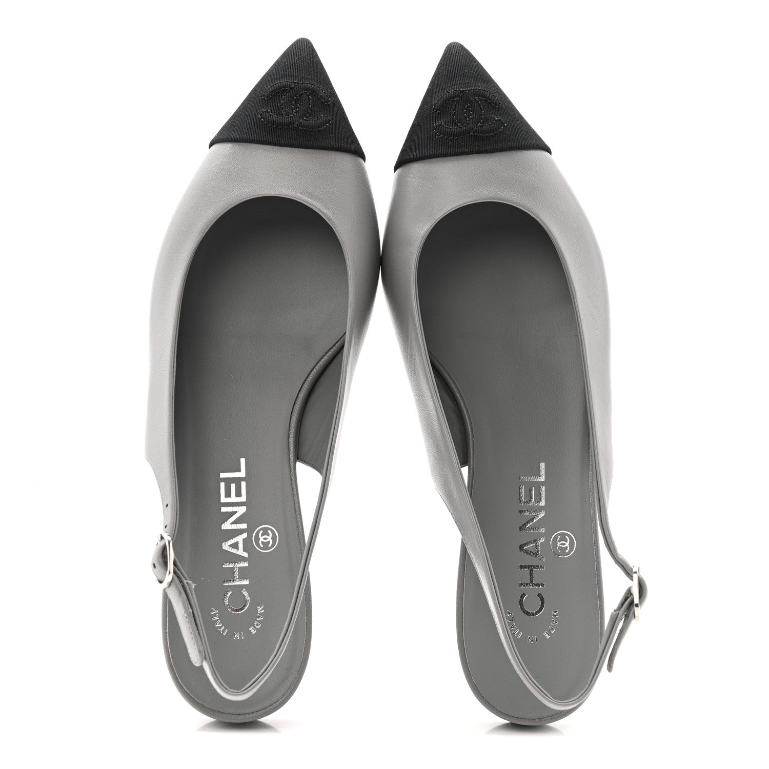 Goatskin Grosgrain Pointed Toe CC Slingback Flats 36.5 Gray Black