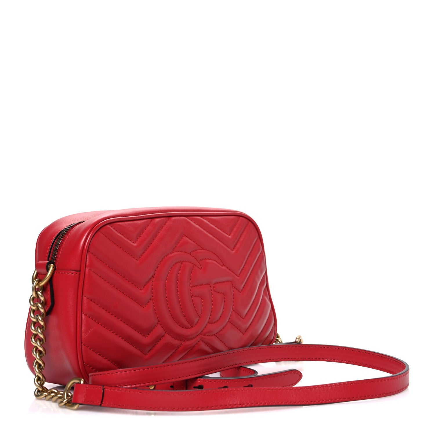 Gucci Calfskin Matelasse Small GG Marmont Chain Shoulder Bag Hibiscus Red