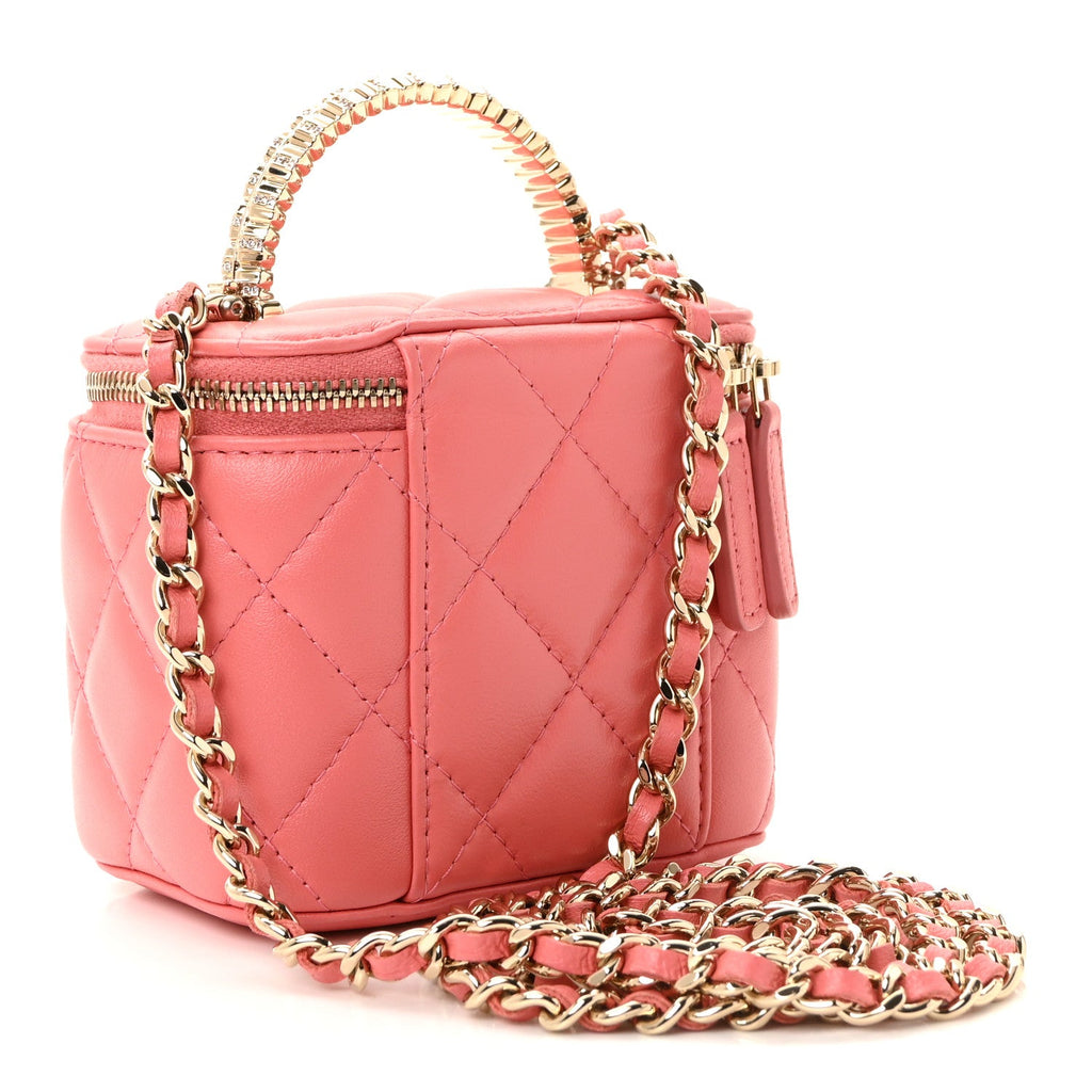 Chanel Lambskin Quilted Crystal Top Handle Mini Vanity Case With Chain Coral