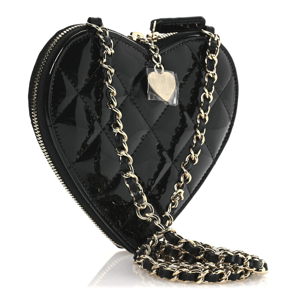 Chanel Patent Calfskin Resin Quilted CC Heart Clutch With Chain Black