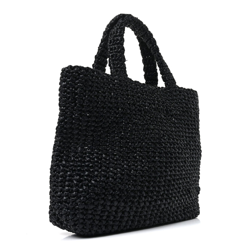 Prada Yarn Raffia Effect Crochet Small Logo Tote Black