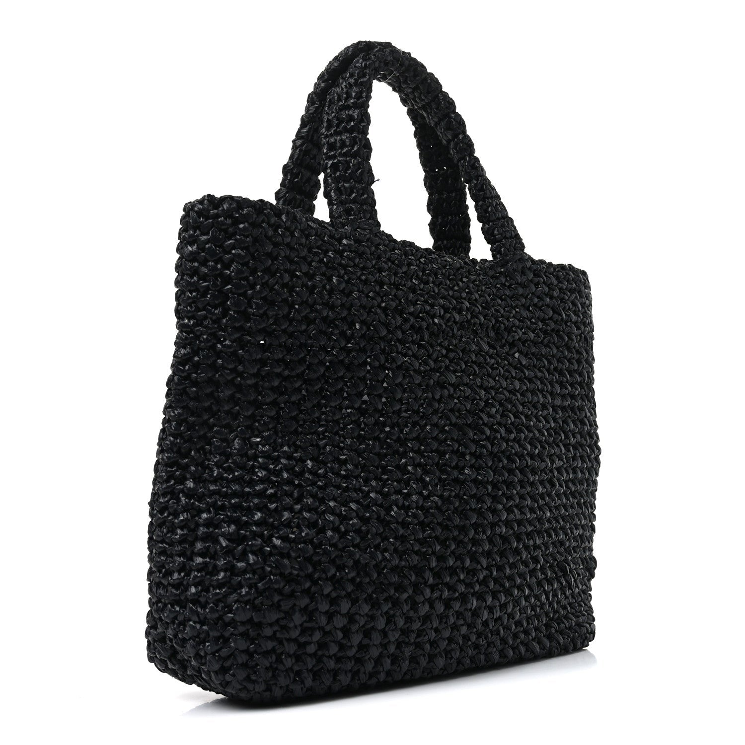 Prada Yarn Raffia Effect Crochet Small Logo Tote Black