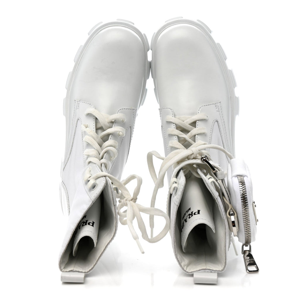 Prada Spazzolato Rois Re-Nylon Metal Triangle Logo Monolith Pouch Pocket 55mm Boots 40.5 White